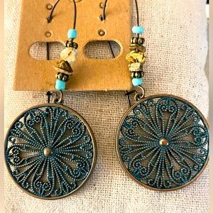 🔆 Bronze lace w/turquoise round flower ear drop earrings